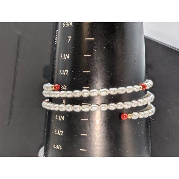 14K Gold Accent Carnelian Bead Cultured Freshwater Pearl Coiled Wire Bracelet - Picture 6 of 6